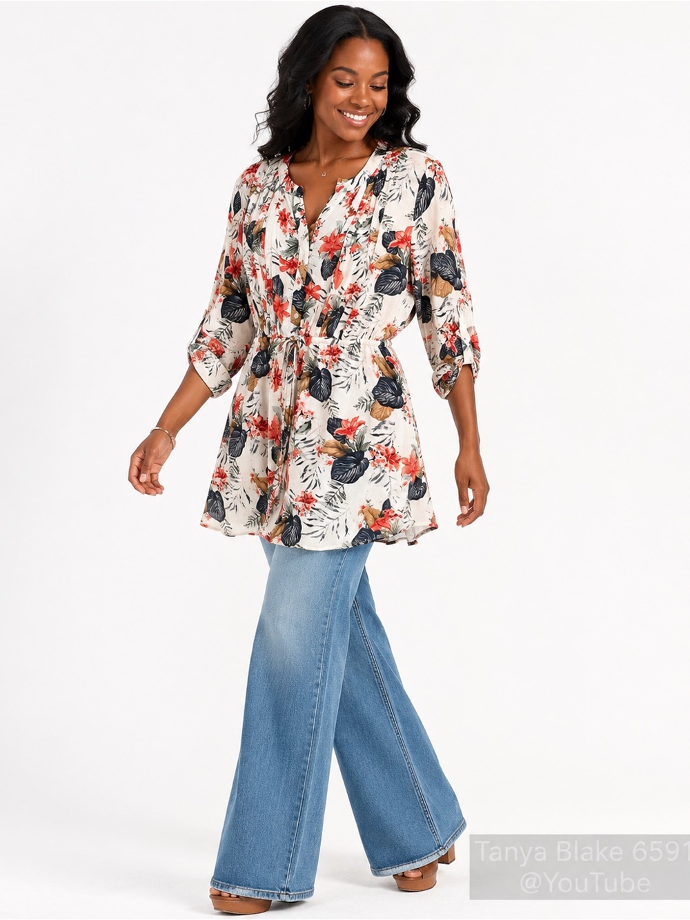 Hilary Radley Cream Floral Drawstring Tunic with Coral & Navy Accents